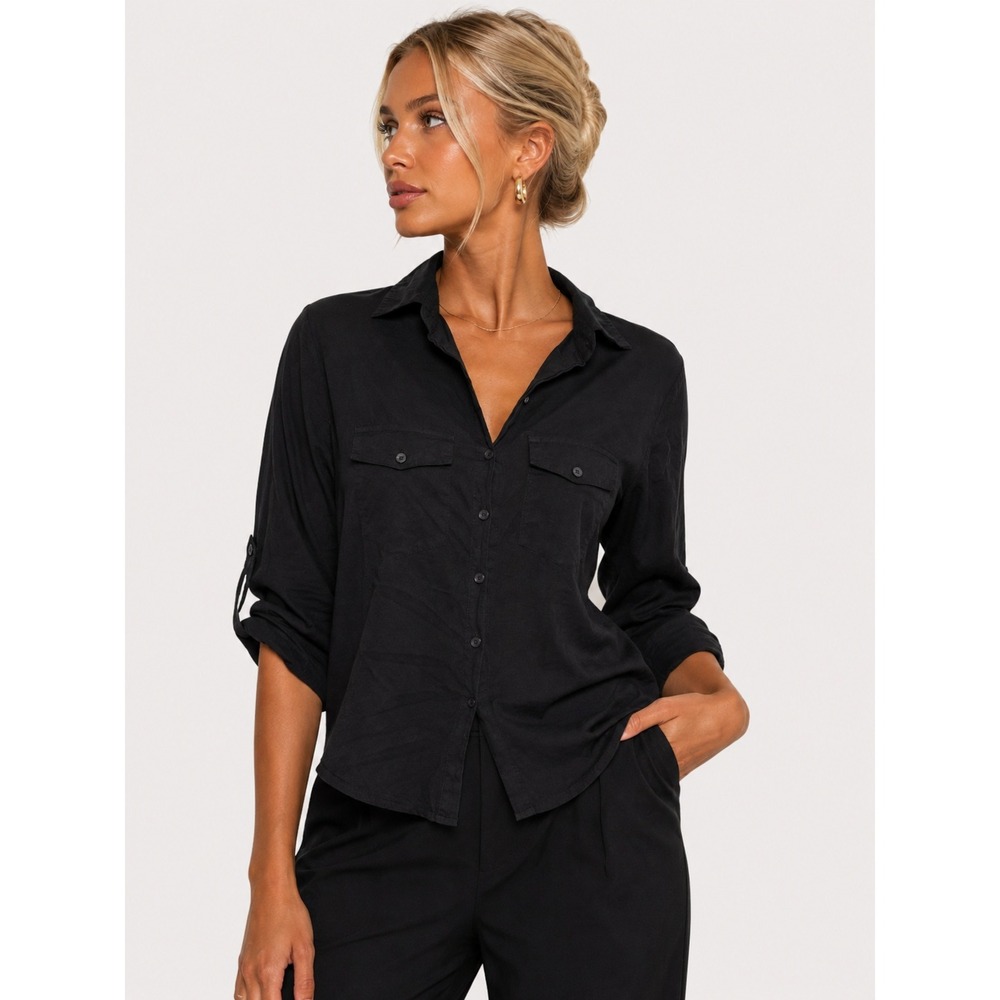For Joseph Black 100% Cotton Roll Tab Sleeve Button Up Utility Shirt L
